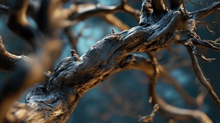 Poster - Intricate close-up of rough twigs showcasing detailed textures and organic forms against a blurred natural background