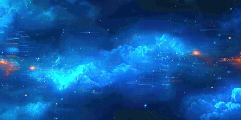 Aufkleber - Abstract digital nebula glowing blue clouds and data streams across dark cosmic backdrop