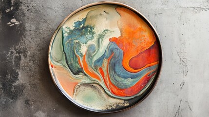 Poster - Vibrant abstract ceramic plate with swirling colors against a textured background suitable for home decor or artistic display