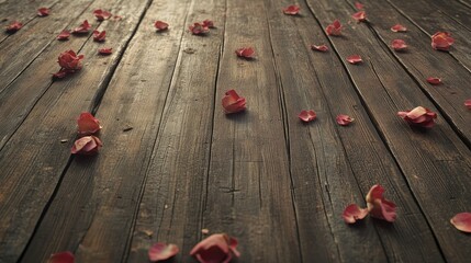 Poster - scattered rose petals on rustic wooden floor creating a vintage aesthetic with soft lighting and dig