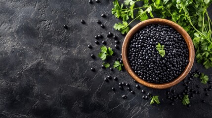 Wall Mural - Top view of raw black beans in wooden bowl surrounded by fresh cilantro on dark stone background