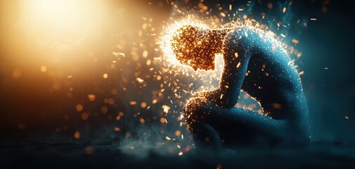 Poster - A glowing figure kneels in a dramatic light, surrounded by particles, embodying themes of introspection, emotion, and transformation.