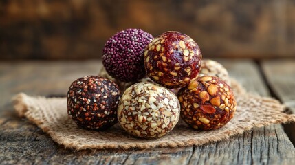 Wall Mural - Healthy energy balls made from nuts dates and superfoods arranged on burlap against a rustic wooden background.