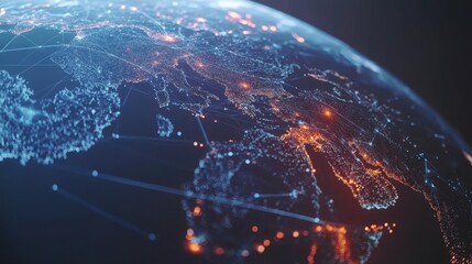 Poster - Visual Representation of Earth From Space Highlighting Illuminated Urban Areas and Interconnected Data Networks at Night