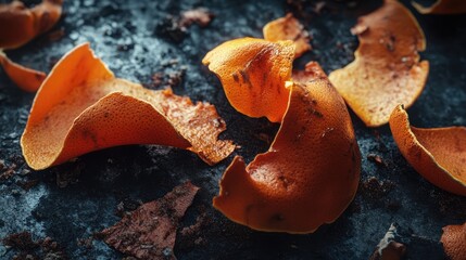 Poster - Decay and Texture of Rotten Orange Peel on Dark Surface in Artistic Composition