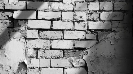 Poster - Textured vintage white painted brick wall with peeling layers and shadows creating a monochrome artistic effect.