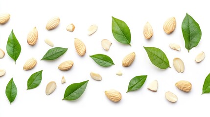 Canvas Print - Peeled raw almonds with almond leaves arranged on a white background showcasing natural textures and healthy ingredients.