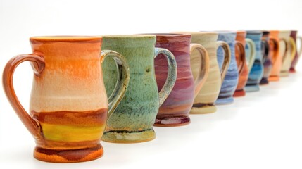 Poster - Colorful row of handcrafted ceramic coffee mugs showcasing unique glazes and textures on a white background