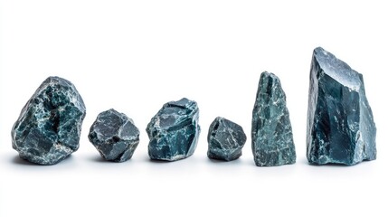 Poster - Natural blue stones in various sizes and shapes isolated on a white background showcasing unique textures and colors of geological materials.