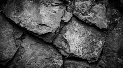 Poster - Textured grey stone wall with rough surfaces suitable for background design and architectural visuals in monochrome aesthetic.