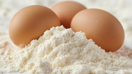 Poster - Fresh baking ingredients with eggs and flour for making homemade dough in a rustic kitchen setting