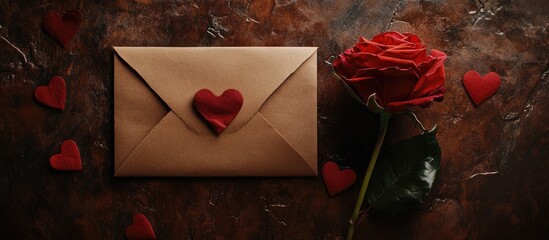 Rose and heart-shaped confetti on a brown envelope creating a romantic backdrop for celebration and love-themed events