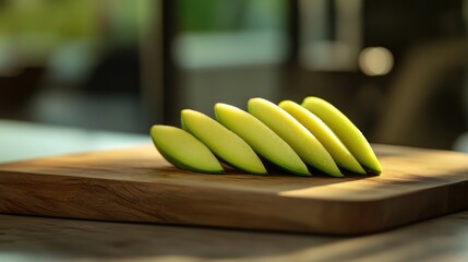 Wall Mural - Sliced raw green mango pieces arranged on a wooden cutting board in a bright kitchen setting