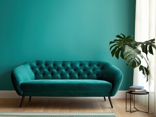 Wall Mural - Elegant teal sofa against vibrant green wall in modern living room