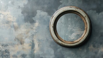 Poster - Round vintage porthole window on textured gray plaster wall suitable for mockup and design projects showcasing interior decor elements