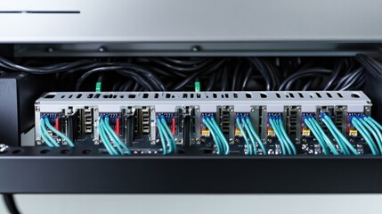 Poster - Closeup of network router with connected cables showcasing intricate wiring on a neutral background for technology and connectivity themes