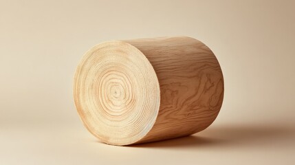 Poster - Natural wooden cylinder for product display on a soft beige background showcasing minimalist design and organic texture in decorative presentation.