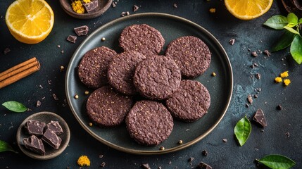 Wall Mural - Healthy raw chocolate cookies with green buckwheat cocoa cinnamon and citrus arranged on a dark plate with fresh orange slices and spices