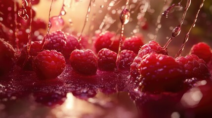 Wall Mural - Fresh raspberries with currants and jam glistening in light on a textured background highlighting natural fruit beauty and deliciousness