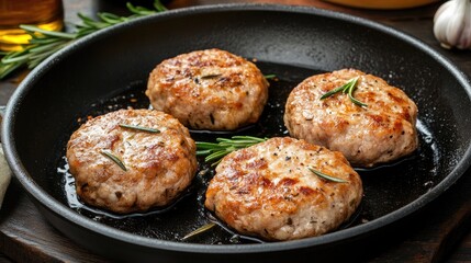 Poster - Crispy cooked cutlets with rosemary and garlic in a black skillet on a rustic wooden background showcasing delicious textures and flavors