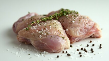 Poster - Raw chicken thighs seasoned with thyme pepper and salt on a white background ready for cooking or culinary presentation.