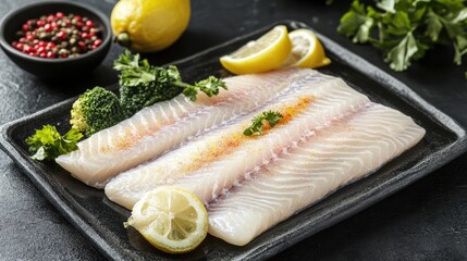 Poster - Fresh fish fillets garnished with lemon, spices, and vibrant vegetables on a dark slate surface ready for cooking or plating.