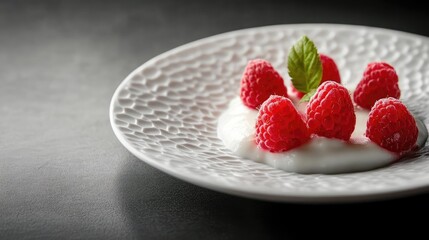 Poster - Fresh Raspberries with Cream on Elegant White Plate Styled for Gourmet Dessert Presentation