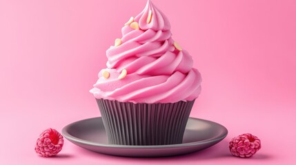 Poster - Pink raspberry cupcake with creamy swirl icing on a gray plate against a vibrant pink background showcasing a delicious dessert concept.