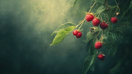 Wall Mural - Fresh ripe raspberries growing on a green branch illuminated by soft natural light against a blurred dark background