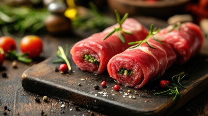 Poster - Raw beef roulades with herbs ready for frying on a wooden cutting board surrounded by spices and fresh ingredients in a rustic kitchen setting