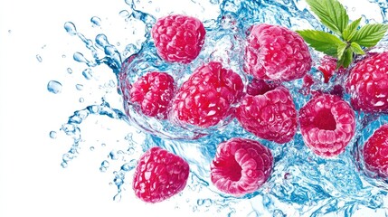 Wall Mural - Ripe raspberries splashing into clear water creating vibrant splashes on a white background Fresh fruit concept with copy space