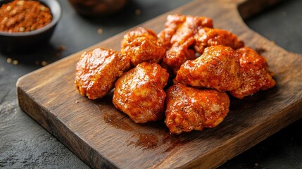 Poster - Marinated chicken wings with paprika and curry on a wooden cutting board with spices in the background ready for cooking