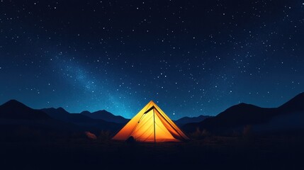 Poster - Camping under a clear starry night sky near mountains with a glowing orange tent providing warmth and shelter. Generative AI