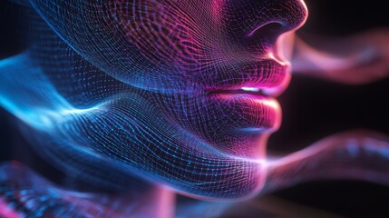 Poster - Digital Representation of a Human Face With Glowing Lines and Vibrant Colors Creating a Sense of Movement and Emotion
