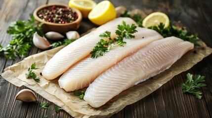 Poster - Fresh European bass fillets garnished with lemon, parsley, garlic, and spices on a rustic wooden surface ready for cooking