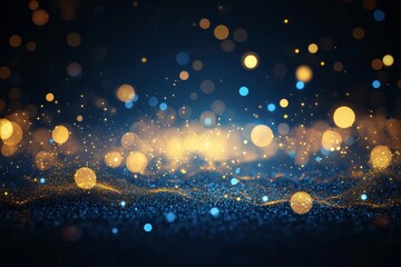 Poster - Shimmering Blue and Gold Particles Dance in a Dark Background Creating an Enchanting Bokeh Effect During a Nighttime Celebration