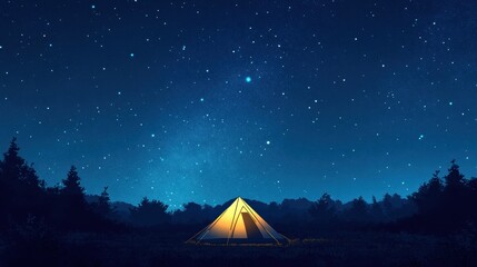 Poster - Enjoying a night under the stars with a glowing tent in nature surrounded by trees and a clear sky. Generative AI