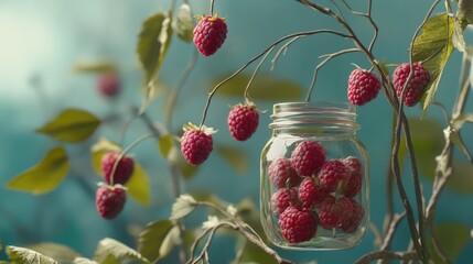 Ripe raspberries in a glass jar hanging from a branch surrounded by lush green leaves in a natural setting