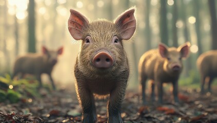 Poster - Curious Piglets Explore Enchanted Forest Setting at Sunrise