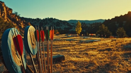 Aufkleber - An adventurous archery range amidst rugged hills, Arrows ready for target practice, Wild frontier style