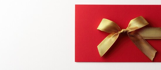 Red gift note adorned with a luxurious golden ribbon on a clean white backdrop ideal for festive occasions or elegant presentations