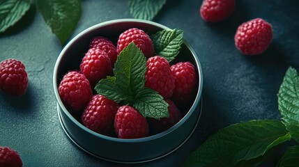 Wall Mural - Fresh raspberries in a round tin box adorned with mint leaves on a dark stone background creating a vibrant and appetizing scene