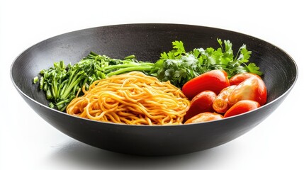 Wall Mural - Hokkien Noodles with Fresh Vegetables and Herbs in a Wok on White Background for Culinary Inspiration and Recipe Development