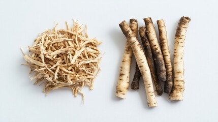 Wall Mural - Raw parsnip roots and dried parsnip shavings on white background showcasing healthy eating concepts and natural ingredients for cooking.