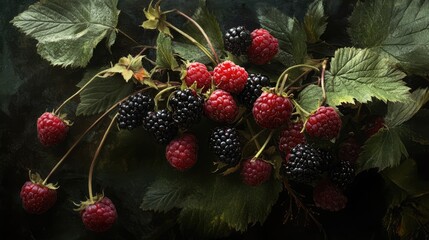 Wall Mural - Ripe raspberries and blackberries on dark background with lush green leaves showcasing natural fruit variety and freshness