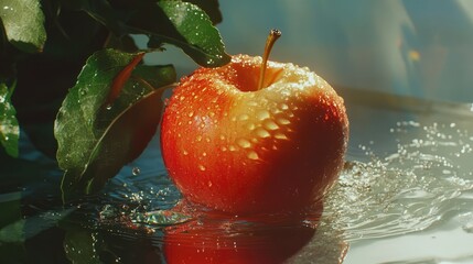 Wall Mural - Freshly washed apple with water droplets reflecting light in a vibrant natural setting, showcasing its juicy and appealing texture.