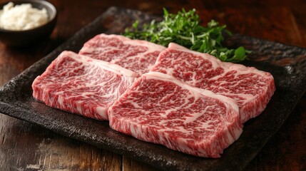 Poster - premium marbled beef steaks served on a rustic platter with fresh herbs and a side bowl of seasoning on wooden table background