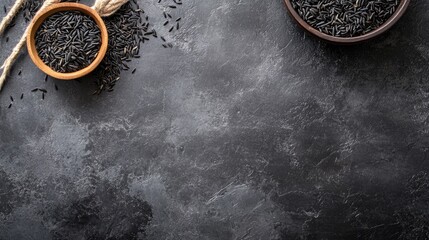 Poster - Black Wild Rice on Dark Stone Surface with Bowls and Rope for Healthy Diet Background and Space for Text