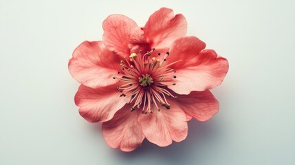Poster - Peach Blossom Delicate Top View of a Beautiful Pink Flower with Intricate Details and Soft Petals on a Light Background