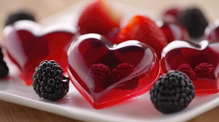 Poster - Raspberry gelatin hearts garnished with blackberries and fresh strawberries on a white plate showcasing vibrant dessert presentation.